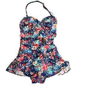 Shore Shapes Swimwear Tropical Floral Ruched One Piece Swim Dress Shaper Size 8